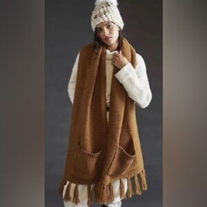 Anthropologie Pilcro Knit Fringed Pocket Wrap Scarf in Dark Grey ONE SIZE